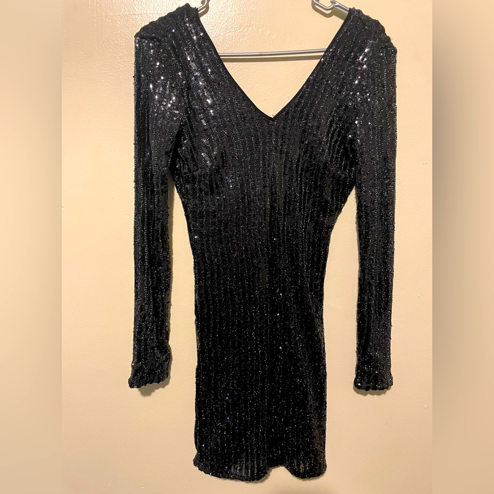 GUESS Women's Black Embellished Long Sleeve Body Con Dress size Small